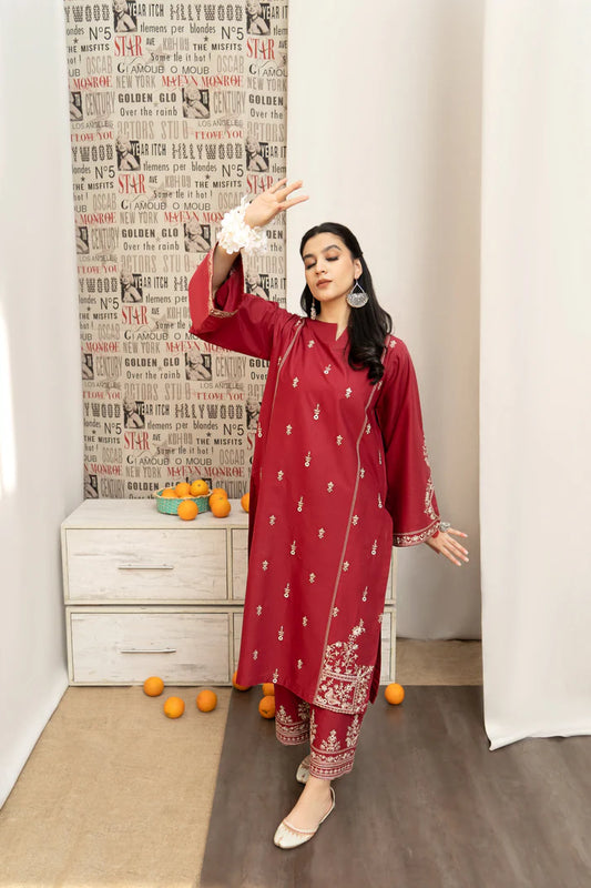 URGE - 3PC DHANAK EMBROIDERED SHIRT WITH COUTURE PRINTED SHAWL AND EMB TROUSER-ADR-4059