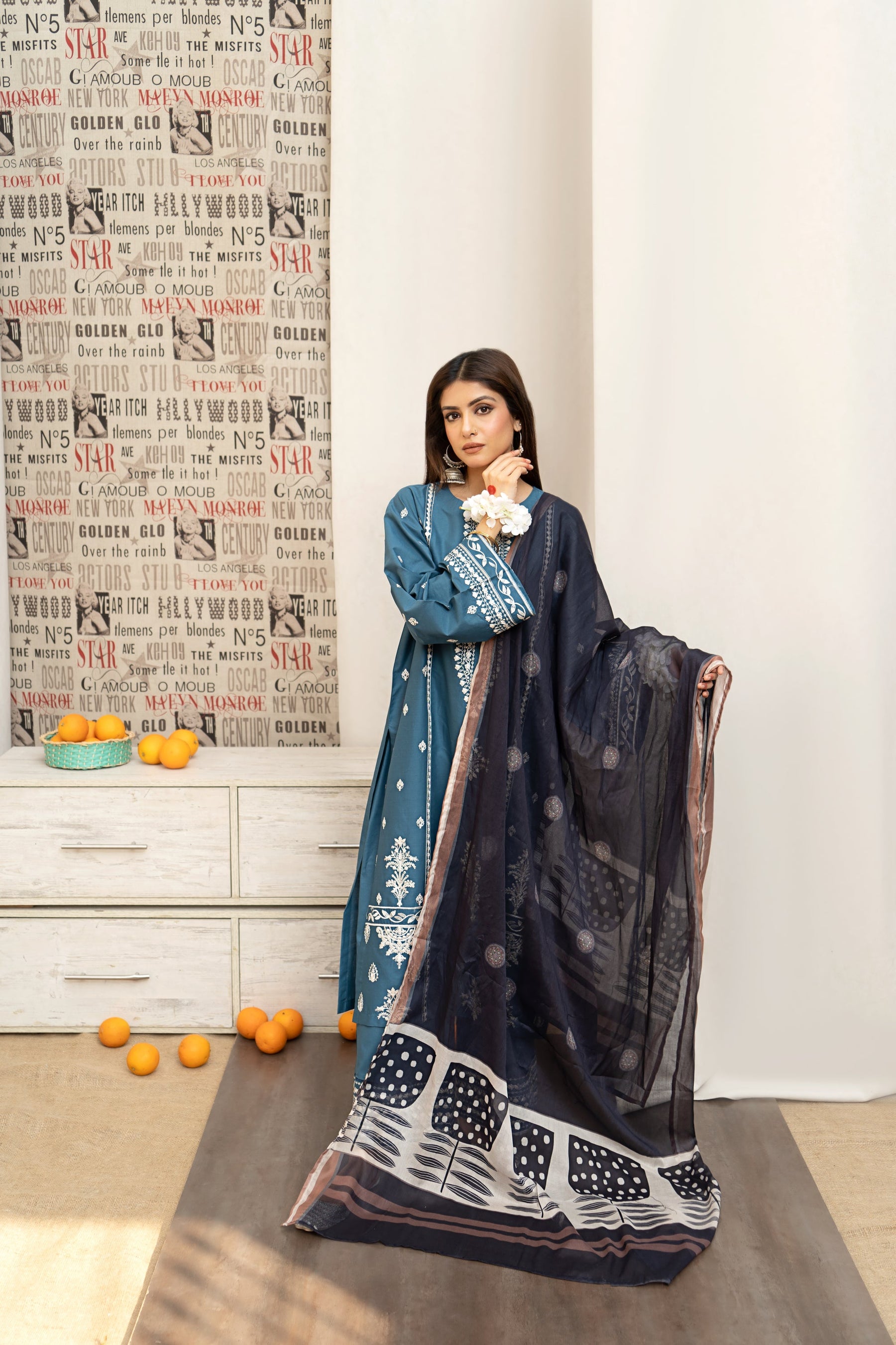 URGE- 3PC LAWN EMBROIDERED SHIRT WITH DIAMOND PRINTED DUPATTA AND EMB TROUSER-ADR-2785-B