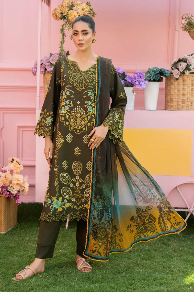 MIRAKHI - 3PC LAWN EMBROIDERED SHIRT WITH CHIFFON PRINTED DUPATTA AND TROUSER -ADR-M12