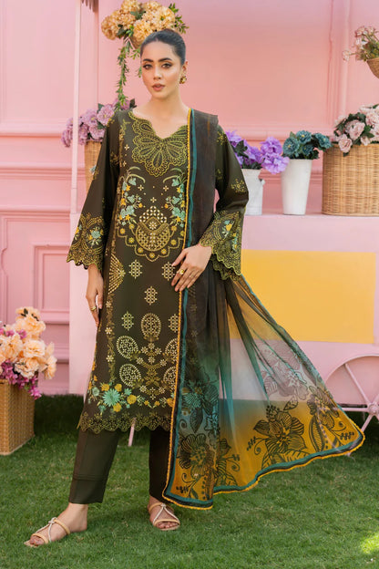 MIRAKHI - 3PC LAWN EMBROIDERED SHIRT WITH CHIFFON PRINTED DUPATTA AND TROUSER -ADR-M12