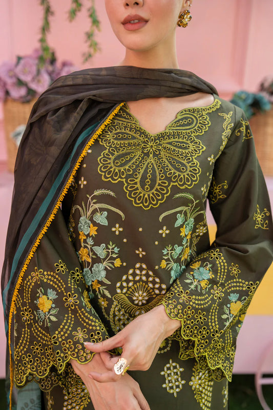 MIRAKHI - 3PC LAWN EMBROIDERED SHIRT WITH CHIFFON PRINTED DUPATTA AND TROUSER -ADR-M12