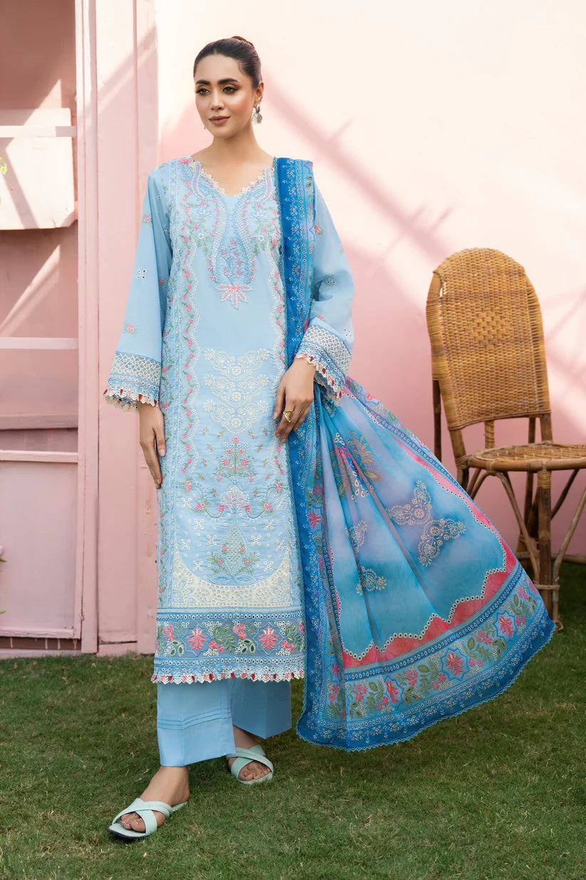 MIRAKHI-3PC LAWN EMBROIDERED SHIRT WITH CHIFFON PRINTED DUPATTA AND TROUSER-ADR-M11
