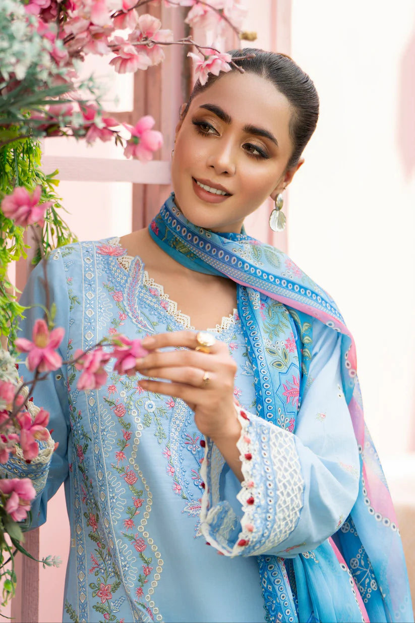 MIRAKHI-3PC LAWN EMBROIDERED SHIRT WITH CHIFFON PRINTED DUPATTA AND TROUSER-ADR-M11