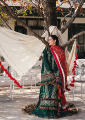 HUSSAIN REHAR-3PC DHANAK EMBROIDERED SHIRT WITH COUTRAI PRINTED SHAWL AND TROUSER-ADR-5212
