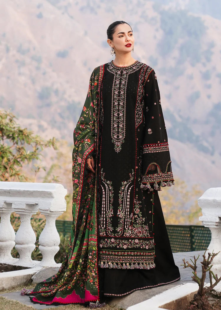 HUSSAIN REHAR-3PC DHANAK EMBROIDERED SHIRT WITH COURTRAI PRINTED SHAWL AND TROUSER-ADR-4261