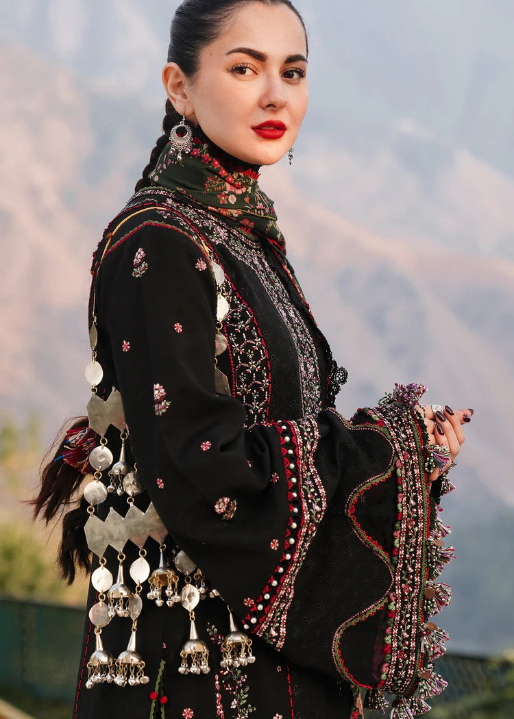 HUSSAIN REHAR-3PC DHANAK EMBROIDERED SHIRT WITH COURTRAI PRINTED SHAWL AND TROUSER-ADR-4261