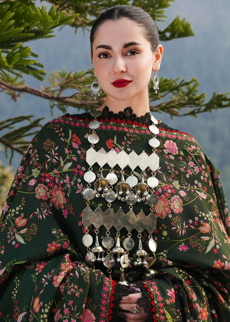 HUSSAIN REHAR-3PC DHANAK EMBROIDERED SHIRT WITH COURTRAI PRINTED SHAWL AND TROUSER-ADR-4261