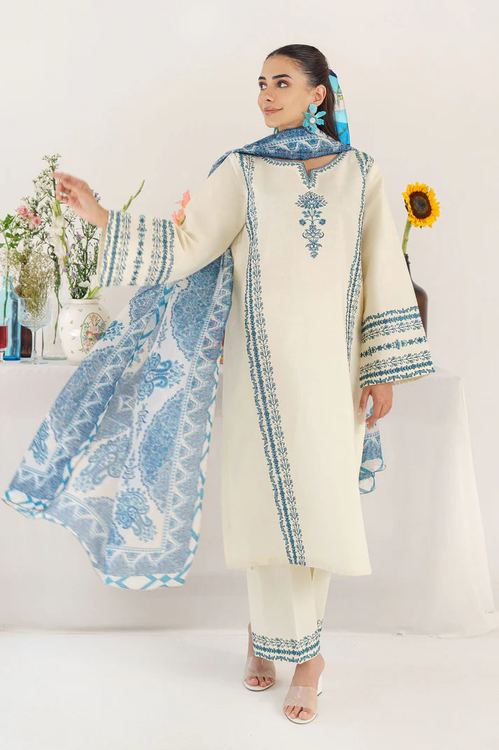 HANA- 3PC KHADAR EMBROIDERED SHIRT WITH COUTURE PRINT SHAWL AND TROUSER-ADR-