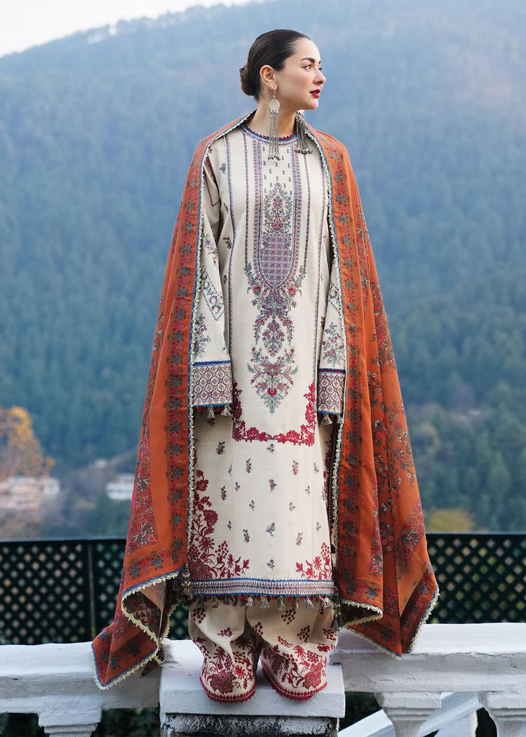 HUSSAIN REHAR-3PC DHANAK EMBROIDERED SHIRT WITH COURTRAI PRINTED SHAWL AND TROUSER-ADR-4260
