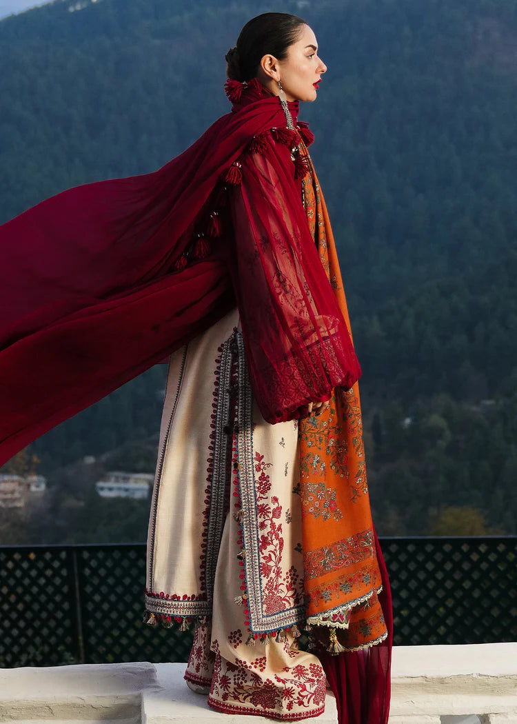 HUSSAIN REHAR-3PC DHANAK EMBROIDERED SHIRT WITH COURTRAI PRINTED SHAWL AND TROUSER-ADR-4260