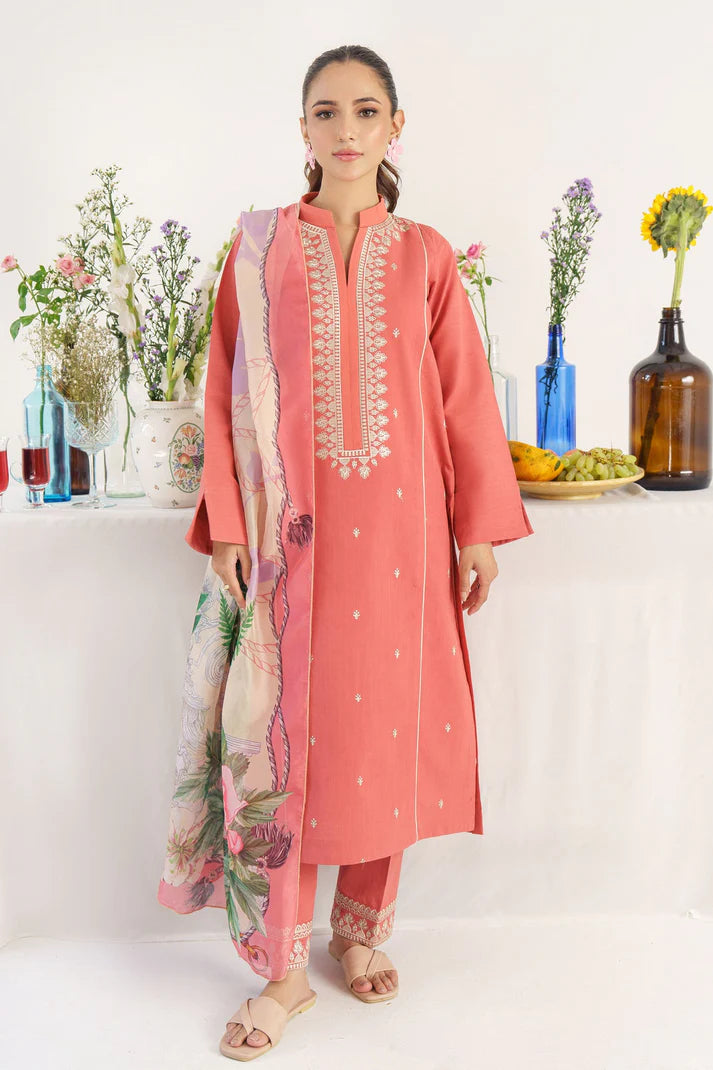 HANA- 3PC KHADAR EMBROIDERED SHIRT WITH COUTURE PRINT SHAWL AND TROUSER-ADR- 3167