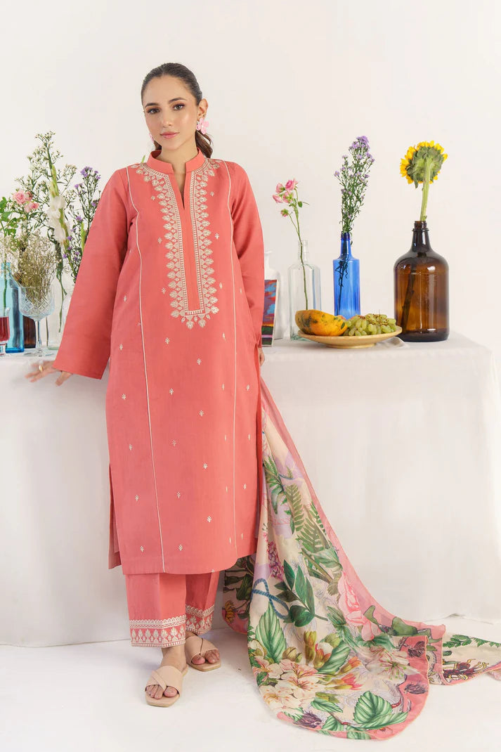 HANA- 3PC KHADAR EMBROIDERED SHIRT WITH COUTURE PRINT SHAWL AND TROUSER-ADR- 3167