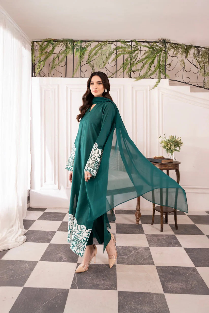 Asim Jofa-Lawn 3pc Embroidered Shirt With Bamber Chiffon Dupatta & Trouser-ADR-3577