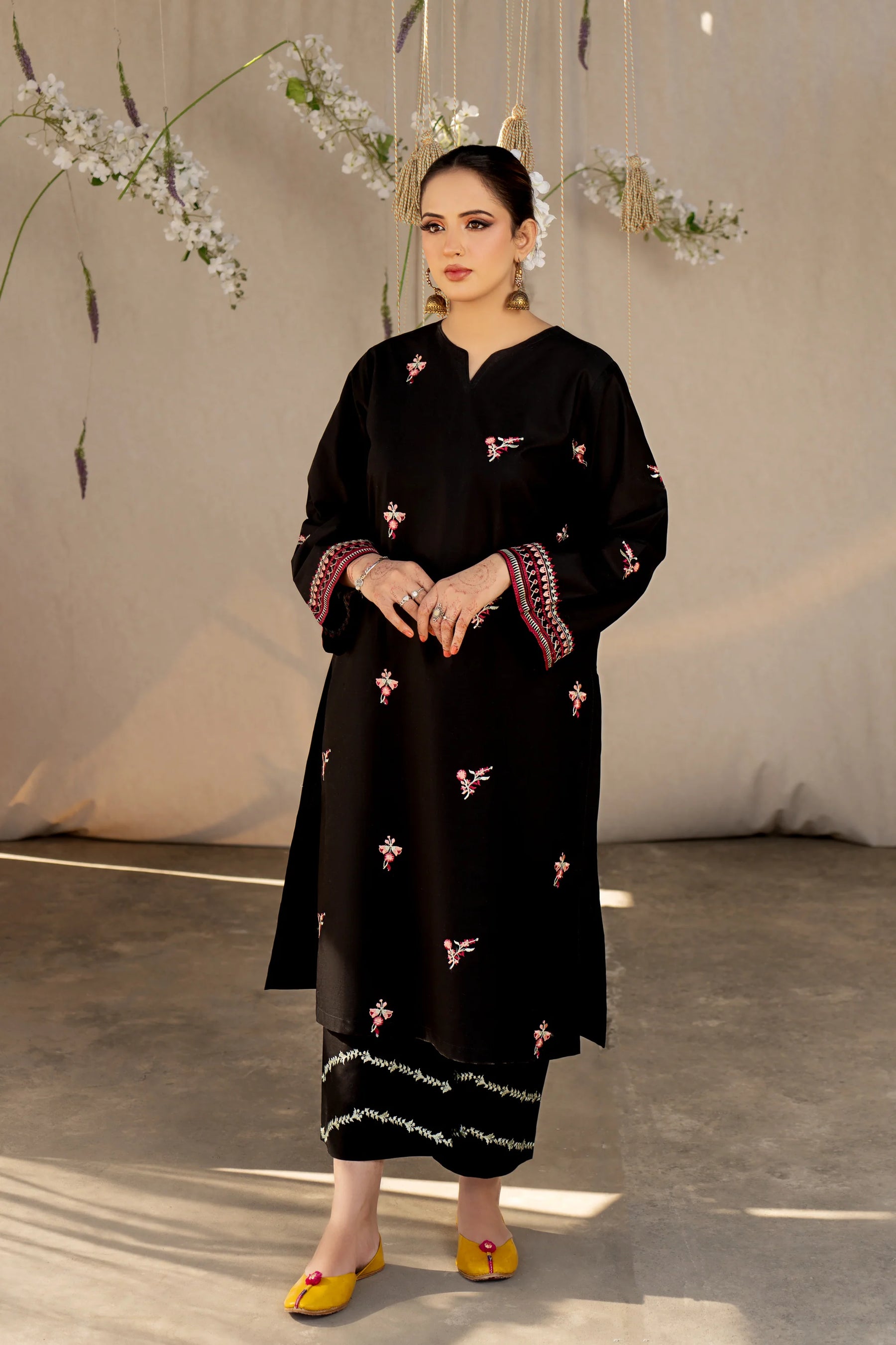 URGE- 2PC LAWN HEAVY EMBROIDERED SHIRT EMBROIDERED SLEEVES AND TROUSER -ADR-BLACK