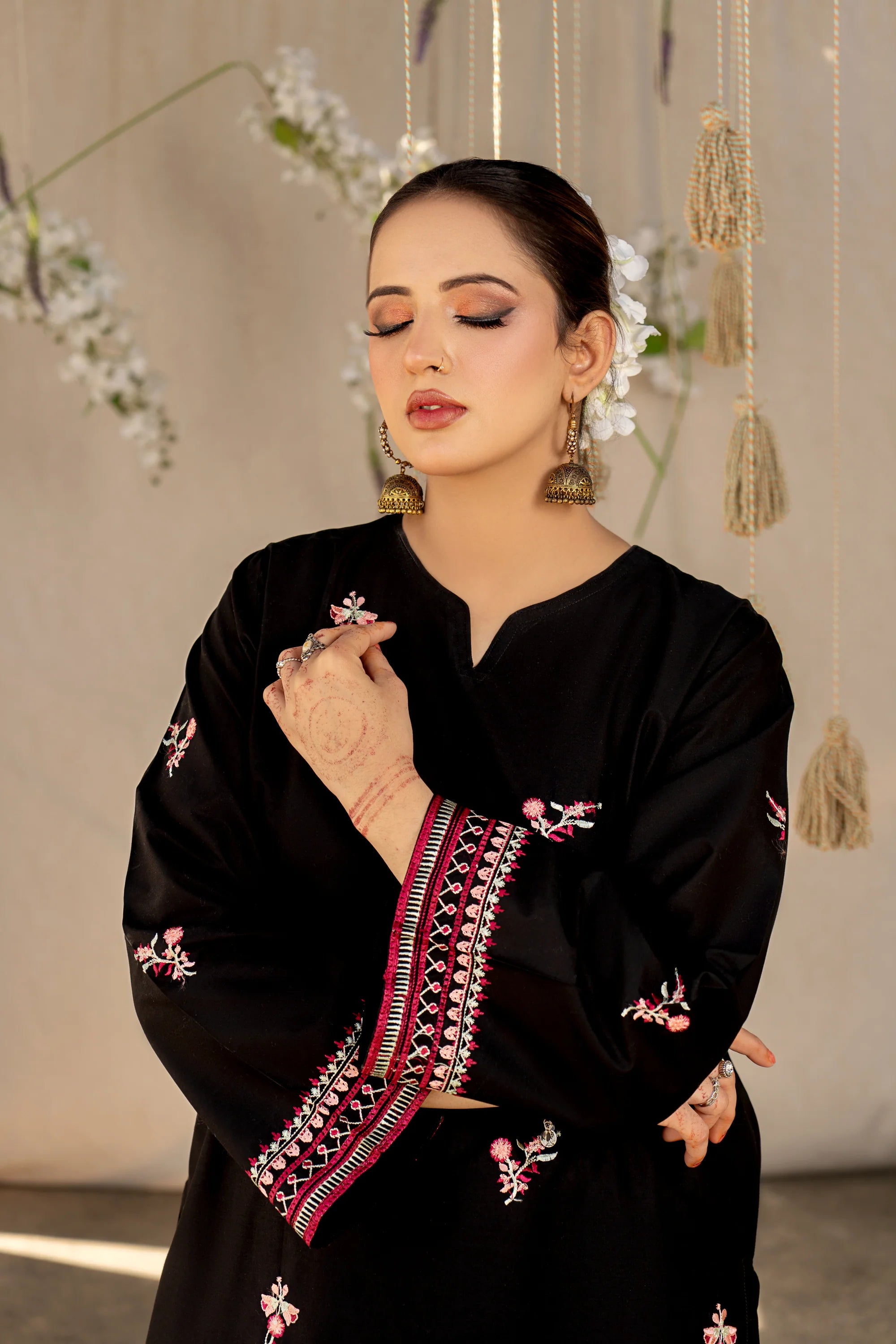 URGE- 2PC LAWN HEAVY EMBROIDERED SHIRT EMBROIDERED SLEEVES AND TROUSER -ADR-BLACK