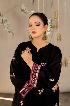 URGE- 2PC LAWN HEAVY EMBROIDERED SHIRT EMBROIDERED SLEEVES AND TROUSER -ADR-BLACK