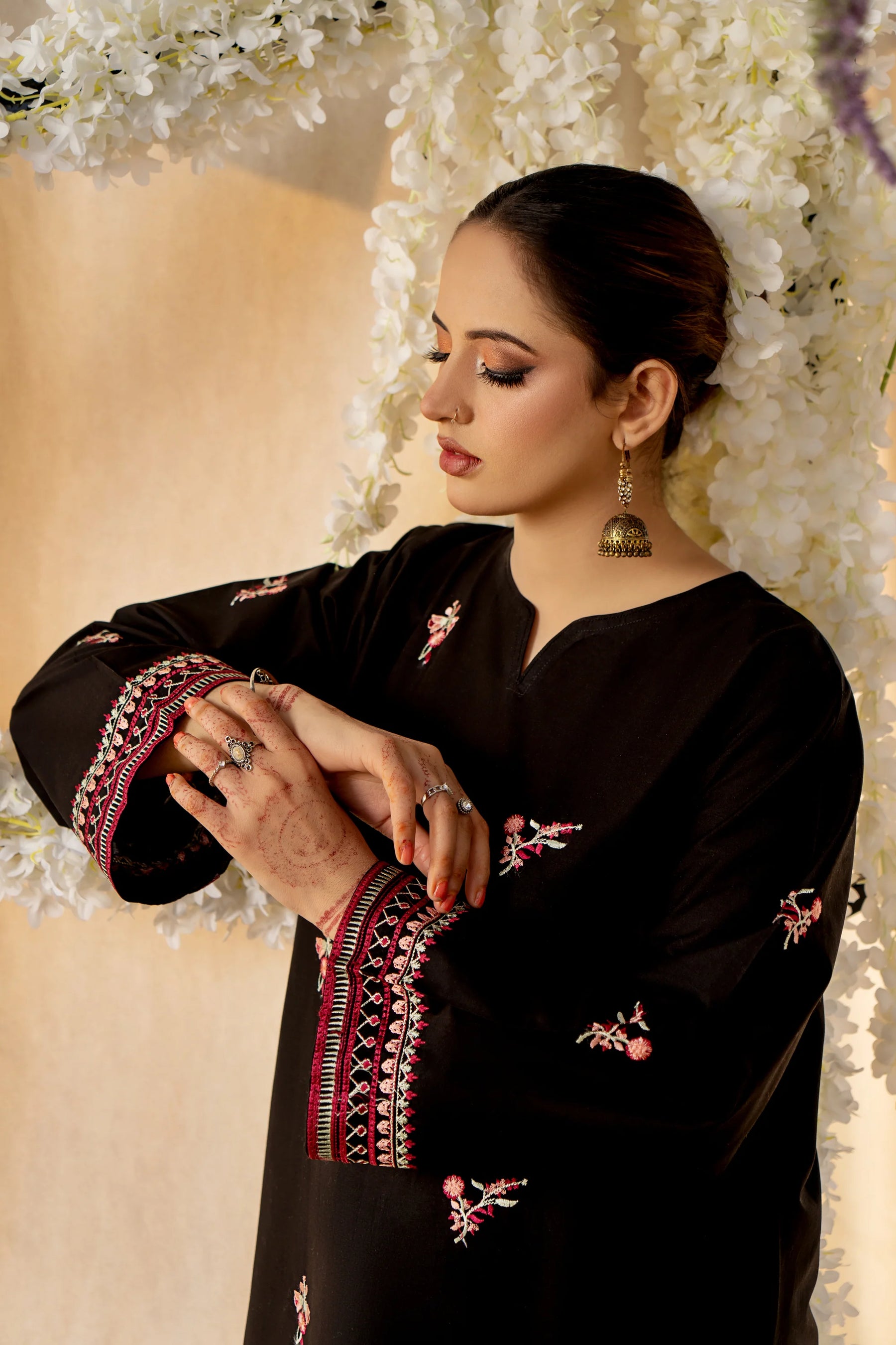 URGE- 2PC LAWN HEAVY EMBROIDERED SHIRT EMBROIDERED SLEEVES AND TROUSER -ADR-BLACK