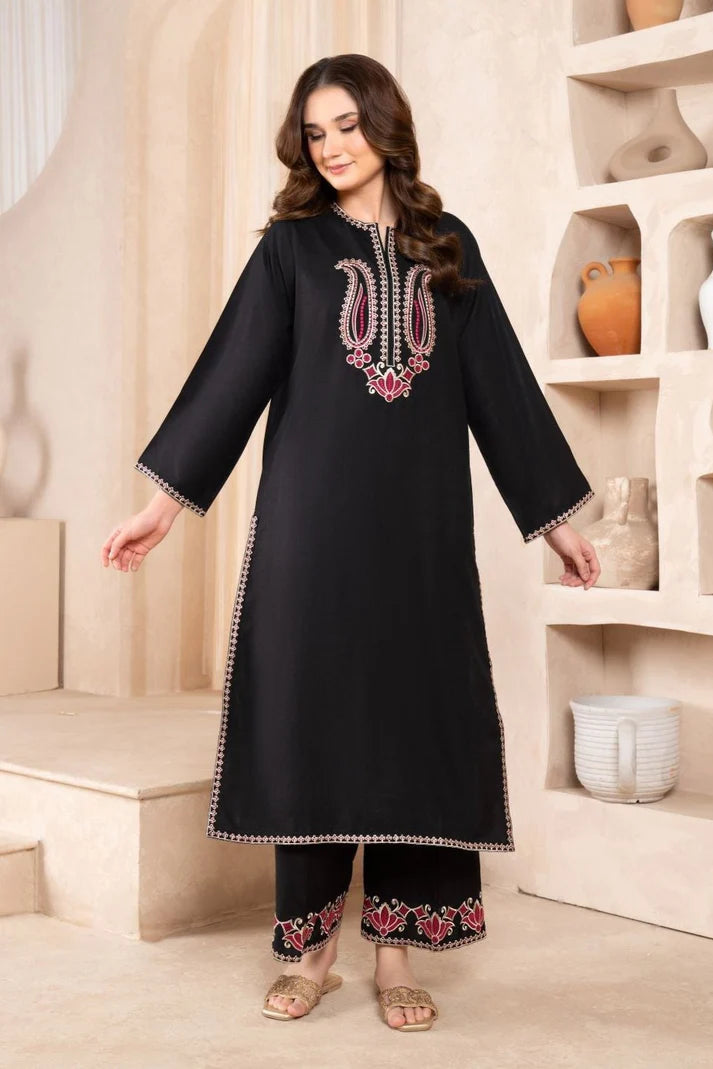 LAZULI-2 PC DHANAK EMBROIDRED SHIRT WITH AND EMBROIDRED TROUSER-ADR-BLACK