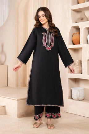 LAZULI-2 PC DHANAK EMBROIDRED SHIRT WITH AND EMBROIDRED TROUSER-ADR-BLACK 3311