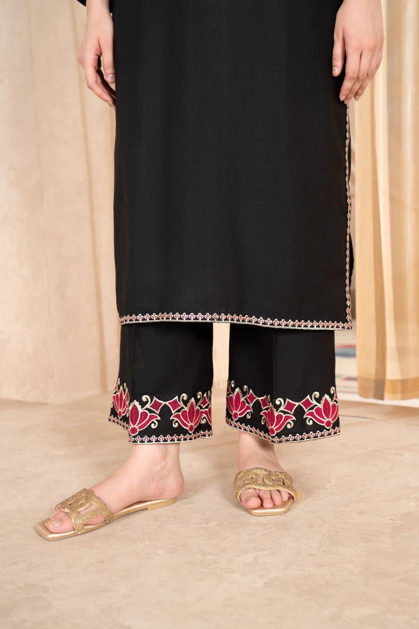 LAZULI-2 PC DHANAK EMBROIDRED SHIRT WITH AND EMBROIDRED TROUSER-ADR-BLACK 3311