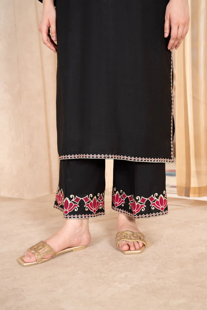 LAZULI-2 PC DHANAK EMBROIDRED SHIRT WITH AND EMBROIDRED TROUSER-ADR-BLACK