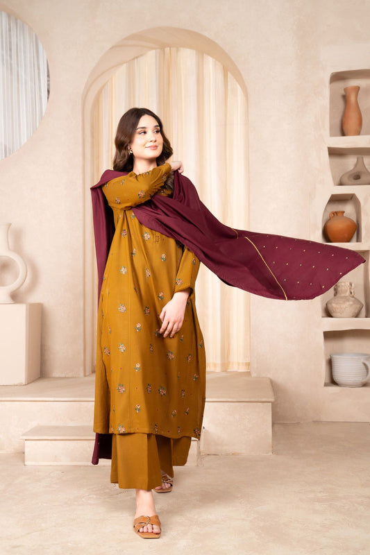LAZULI- 3PC DHANAK EMBROIDERED SHIRT DHANAK EMBROIDERED DUPATTA AND TROUSER-ADR-4074