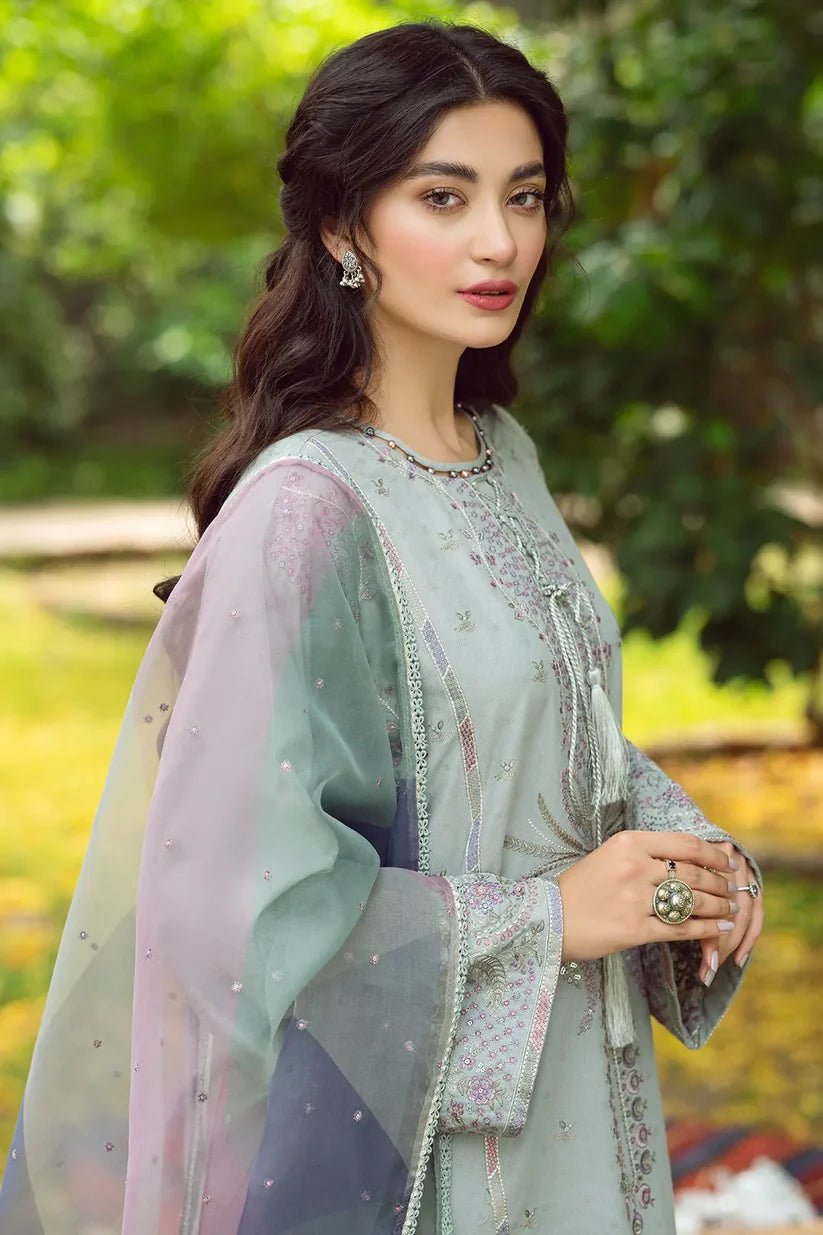 JAZMIN - 3PC DHANAK EMBROIDERED SHIRT WITH ORGANZA PRINTED DUPATTA & TROUSER-ADR-1006