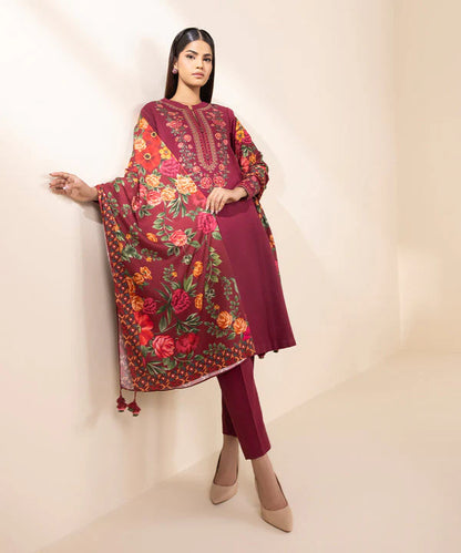 SAPPHIRE- 3PC DHANAK EMBROIDERED SHIRT WITH WOOL PRINT SHAWL AND TROUSER-ADR-3380