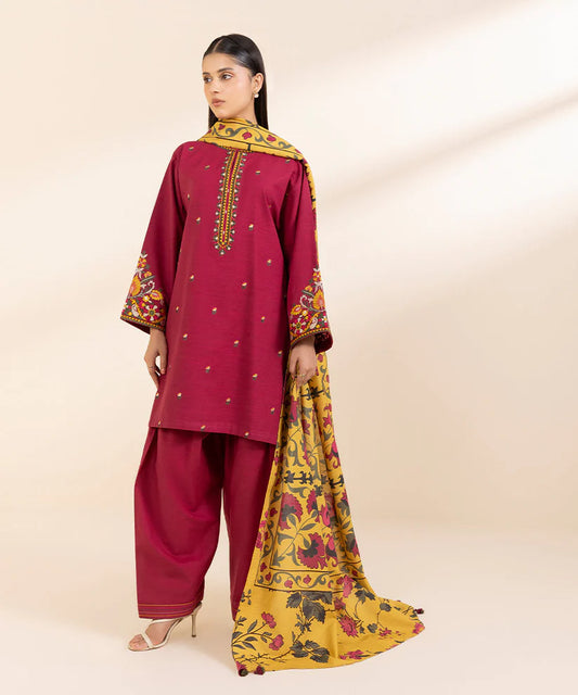 SAPPHIRE- 3PC KHADAR EMBROIDERED SHIRT WITH WOOL PRINT SHAWL AND TROUSER-ADR-3373
