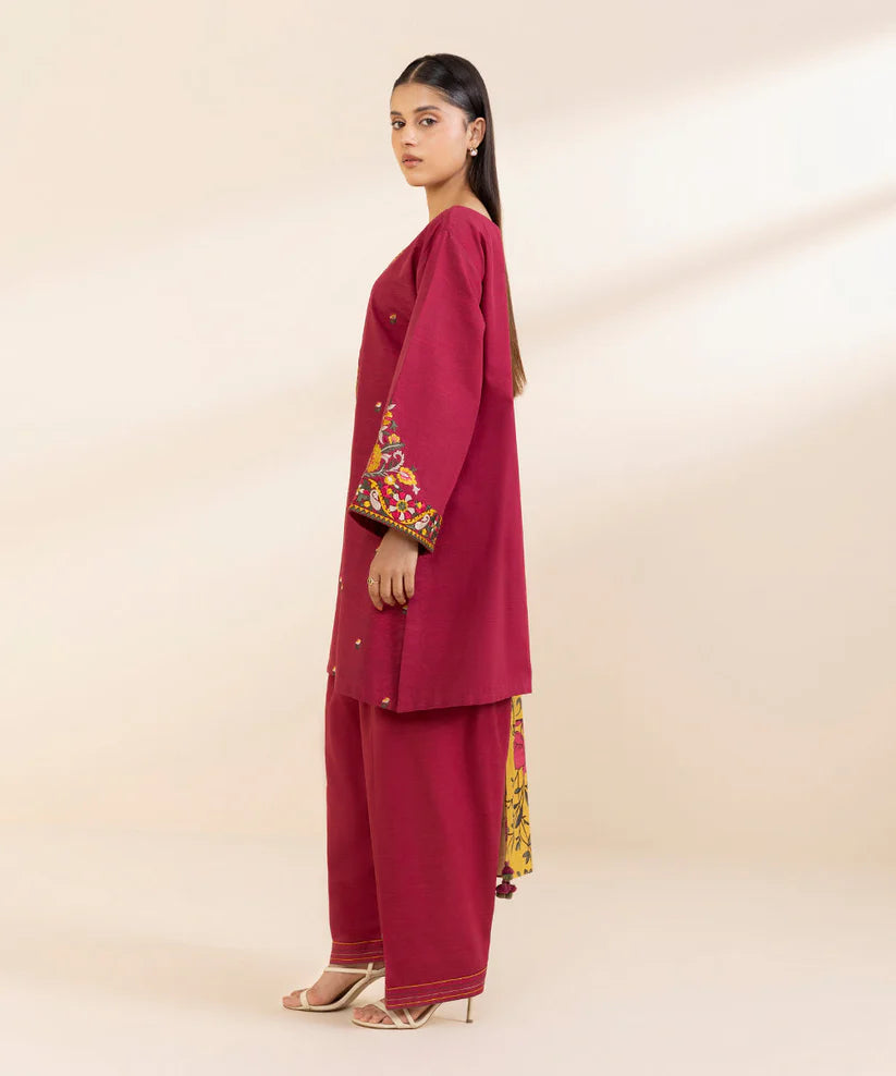 SAPPHIRE- 3PC KHADAR EMBROIDERED SHIRT WITH WOOL PRINT SHAWL AND TROUSER-ADR-3373