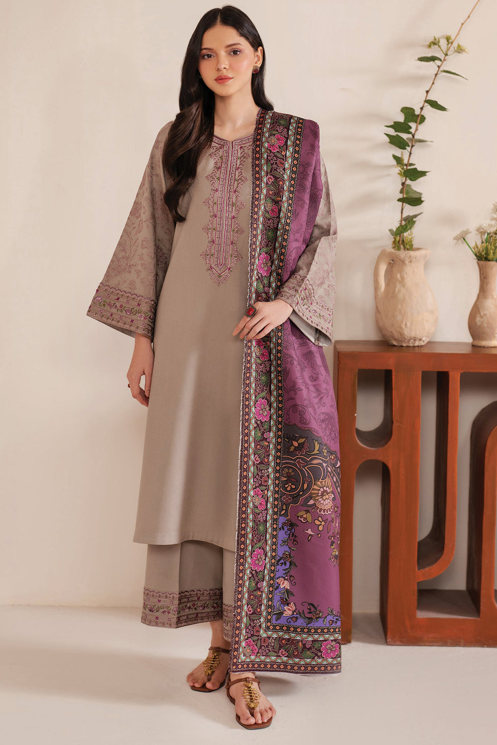 GARNET-3PC LAWN EMBROIDERED SHIRT WITH MONARK PRINT DUPATTA AND TROUSER-ADR-3538