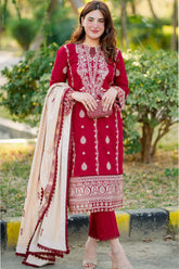 HANA- 3PC DHANAK EMBROIDERED SHIRT WITH COUTURE PRINT SHAWL AND TROUSER-ADR- 3153