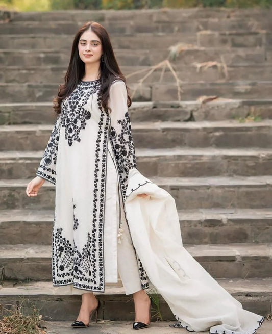 JAZMIN-3PC DHANAK EMBROIDERED SHIRT WITH DHANAK EMBROIDERED SHAWL & TROUSER-ADR-4205