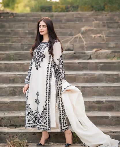 JAZMIN-3PC DHANAK EMBROIDERED SHIRT WITH DHANAK EMBROIDERED SHAWL & TROUSER-ADR-4205