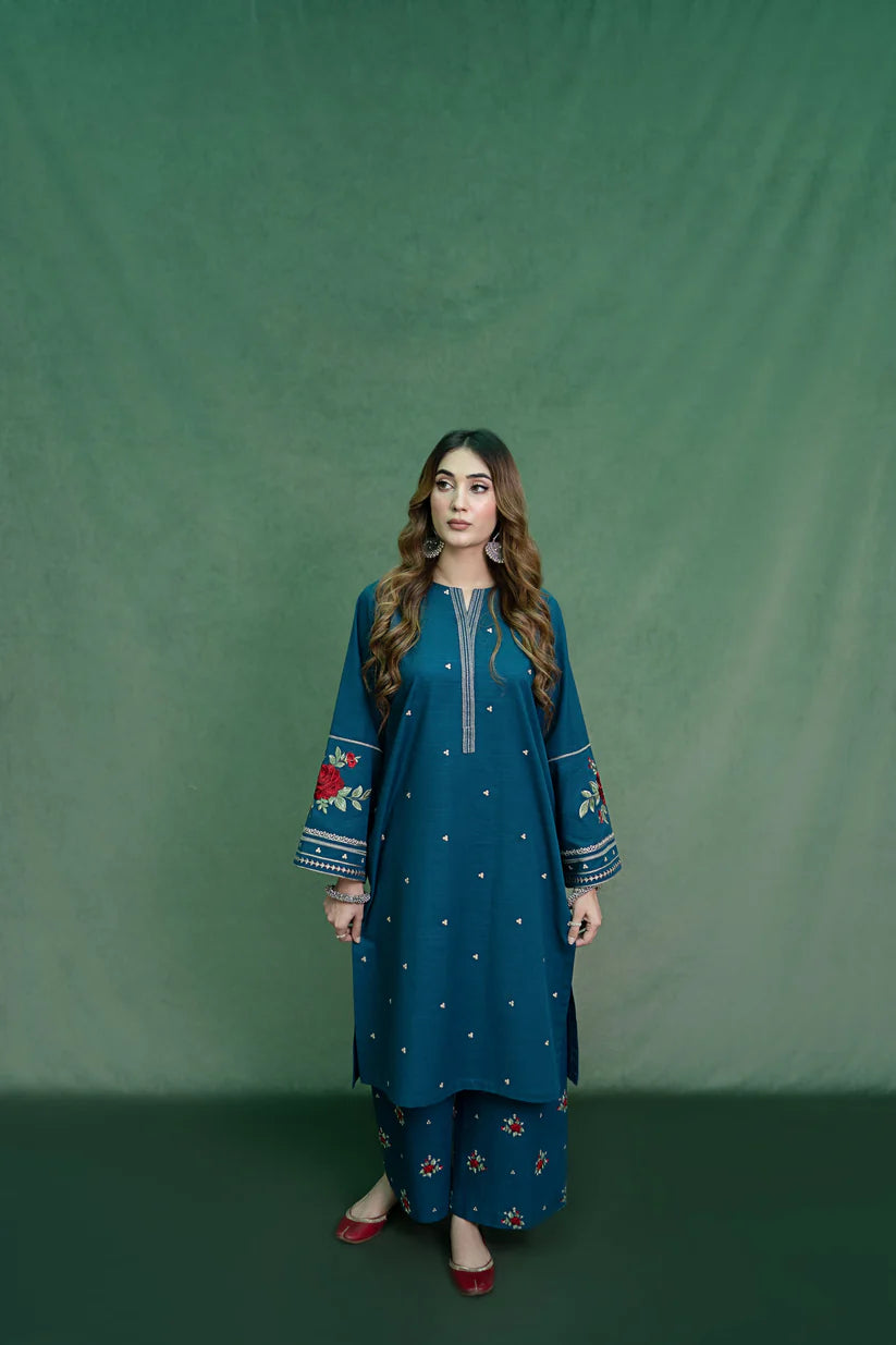 URGE-2PC DHANAK EMBROIDRED SHIRT WITH AND EMBROIDRED TROUSER-ADR-3105---BLUE