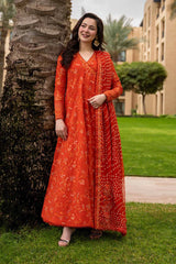 FAIZA SAQLAIN-FROCK 3PC LAWN EMBROIDERED SHIRT WITH CHUNRI PRINTED EMBROIDERED DUPATTA AND TROUSER-ADR-4866