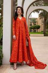 FAIZA SAQLAIN-FROCK 3PC LAWN EMBROIDERED SHIRT WITH CHUNRI PRINTED EMBROIDERED DUPATTA AND TROUSER-ADR-4866