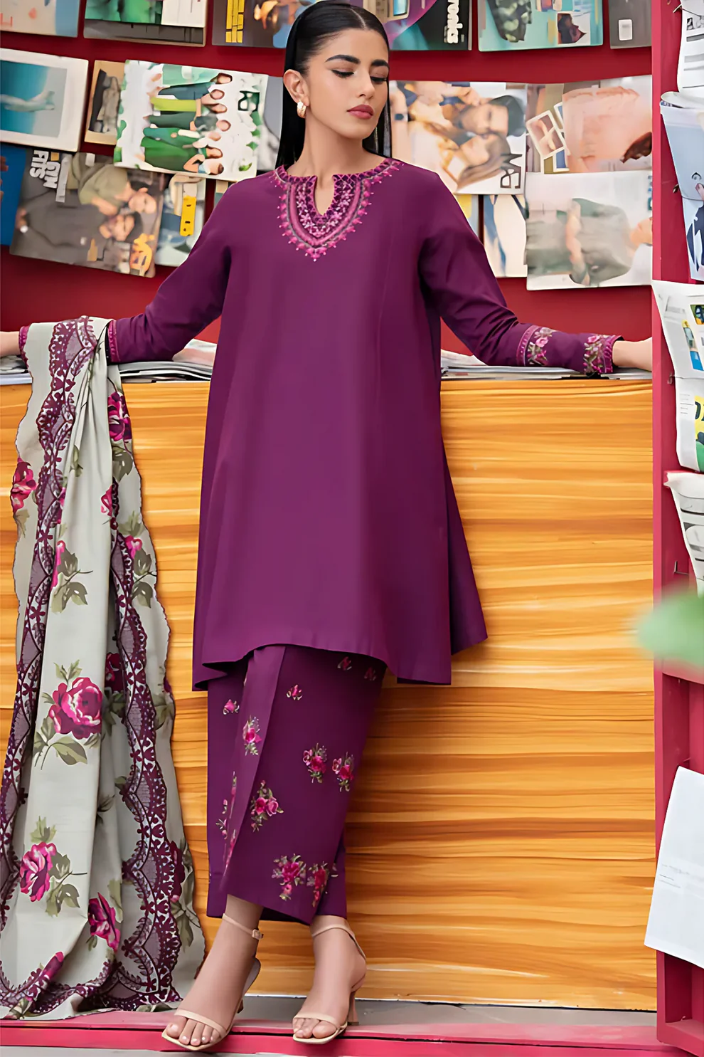 SAPPHIRE - 3PC DHANAK EMBROIDERED SHIRT WITH DHA COUTURE WOOL PRINT SHAWL AND TROUSER-ADR-3170