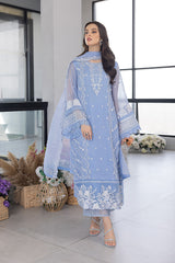 AZURE - 3PC ORGANZA EMBROIDERED LAWN SHIRT WITH ORGANZA EMBROIDERED DUPATTA AND TROUSER-3549