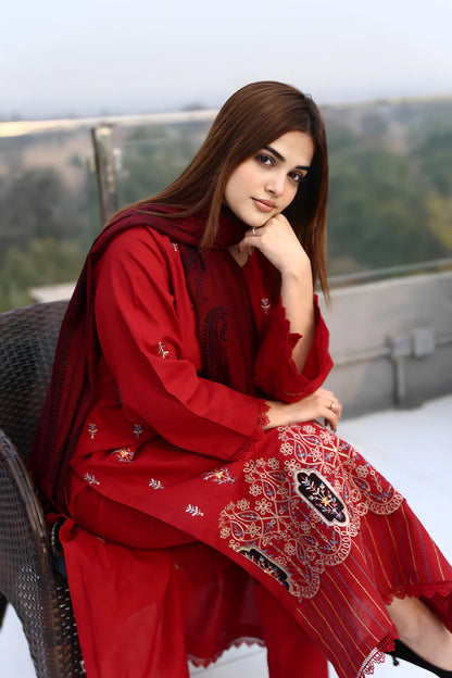 ADORE-3PC KHADDAR CUTWORK EMBROIDERED SHIRT WITH KASHMIRI JACQUARD WOOL SHAWL-ADR-1513