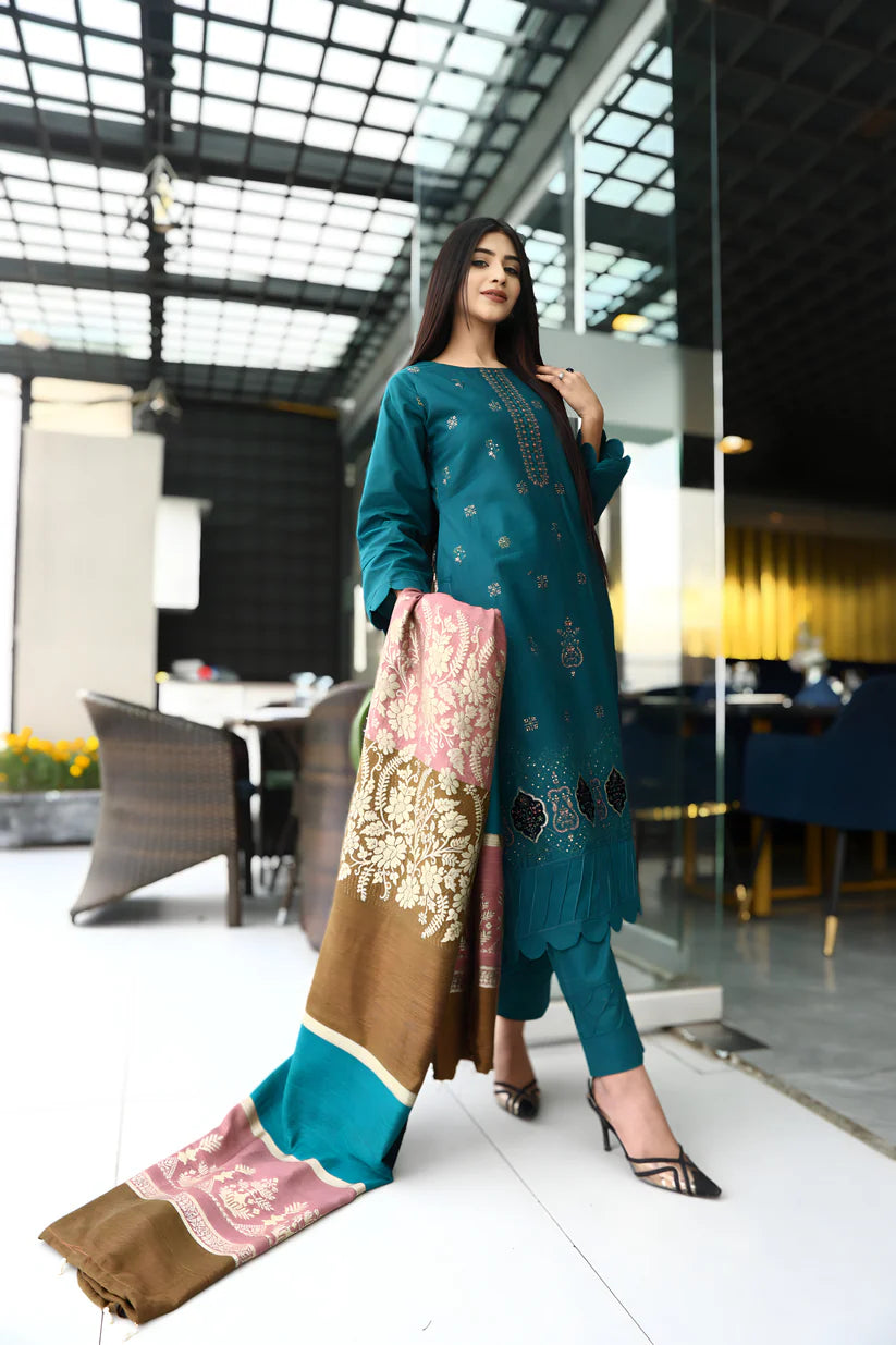 ADORE-3PC KHADDAR CUTWORK EMBROIDERED SHIRT WITH KASHMIRI JACQUARD WOOL SHAWL-ADR-1516