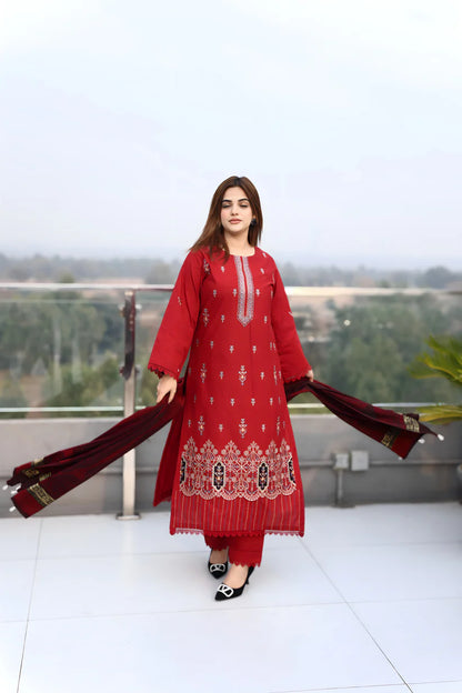 ADORE-3PC KHADDAR CUTWORK EMBROIDERED SHIRT WITH KASHMIRI JACQUARD WOOL SHAWL-ADR-1513