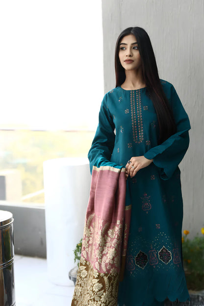 ADORE-3PC KHADDAR CUTWORK EMBROIDERED SHIRT WITH KASHMIRI JACQUARD WOOL SHAWL-ADR-1516