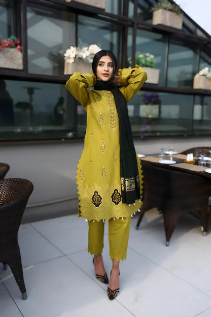 ADORE-3PC KHADDAR CUTWORK EMBROIDERED SHIRT WITH KASHMIRI JACQUARD WOOL SHAWL-ADR-1514