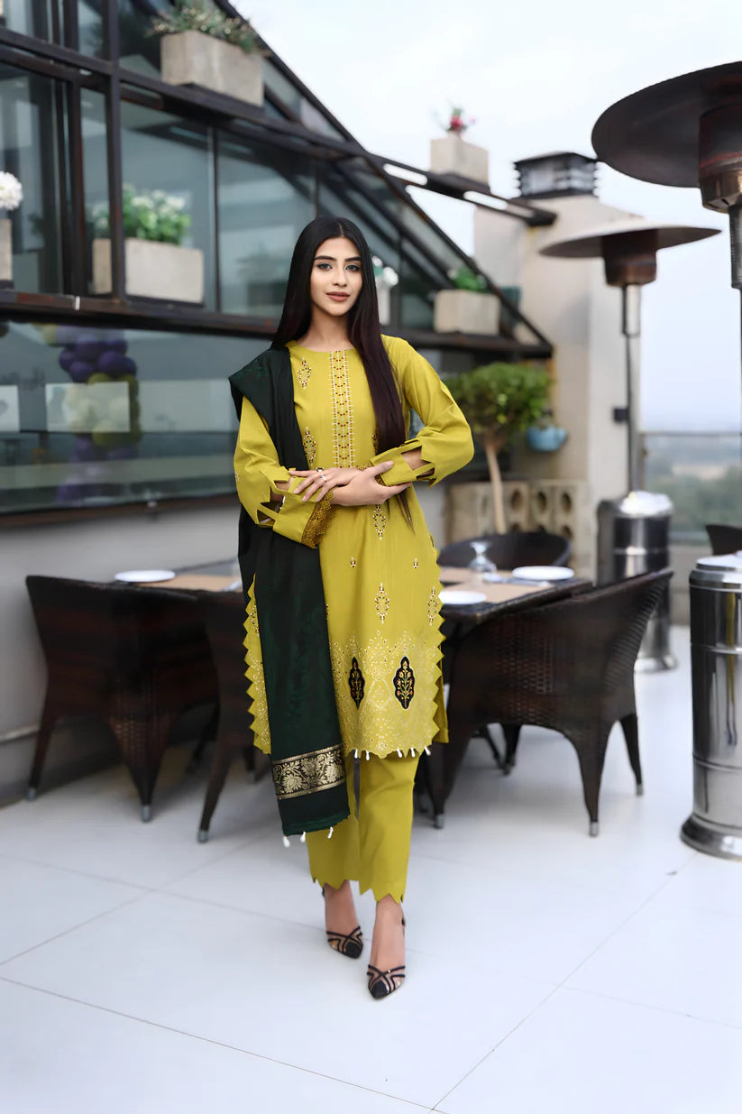 ADORE-3PC KHADDAR CUTWORK EMBROIDERED SHIRT WITH KASHMIRI JACQUARD WOOL SHAWL-ADR-1514