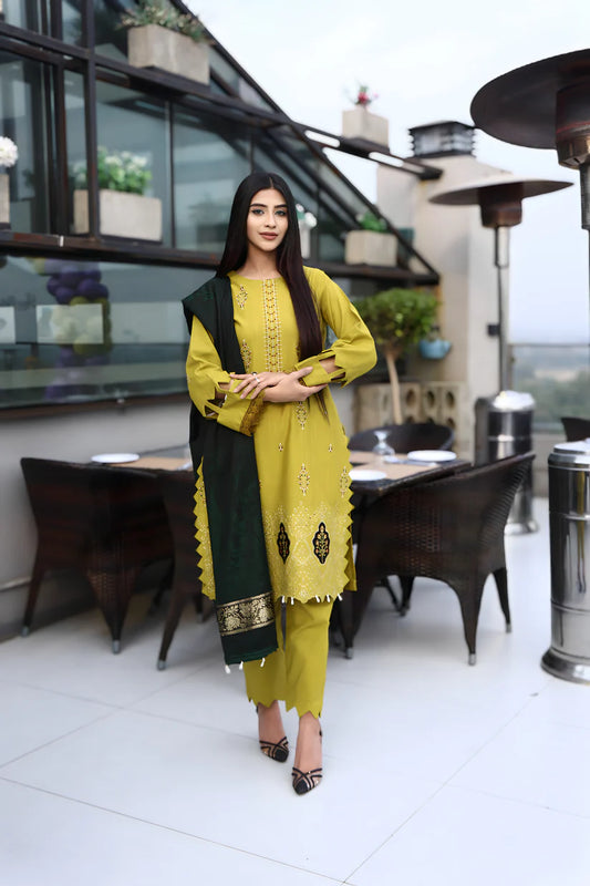 ADORE-3PC KHADDAR CUTWORK EMBROIDERED SHIRT WITH KASHMIRI JACQUARD WOOL SHAWL-ADR-1514