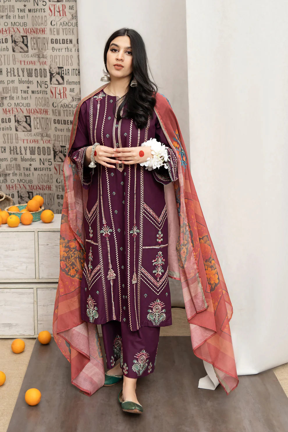 URGE- 3PC DHANAK EMBROIDERED SHIRT WITH COUTURE WOOL PRINT SHAWL AND EMB TROUSER-ADR-3165