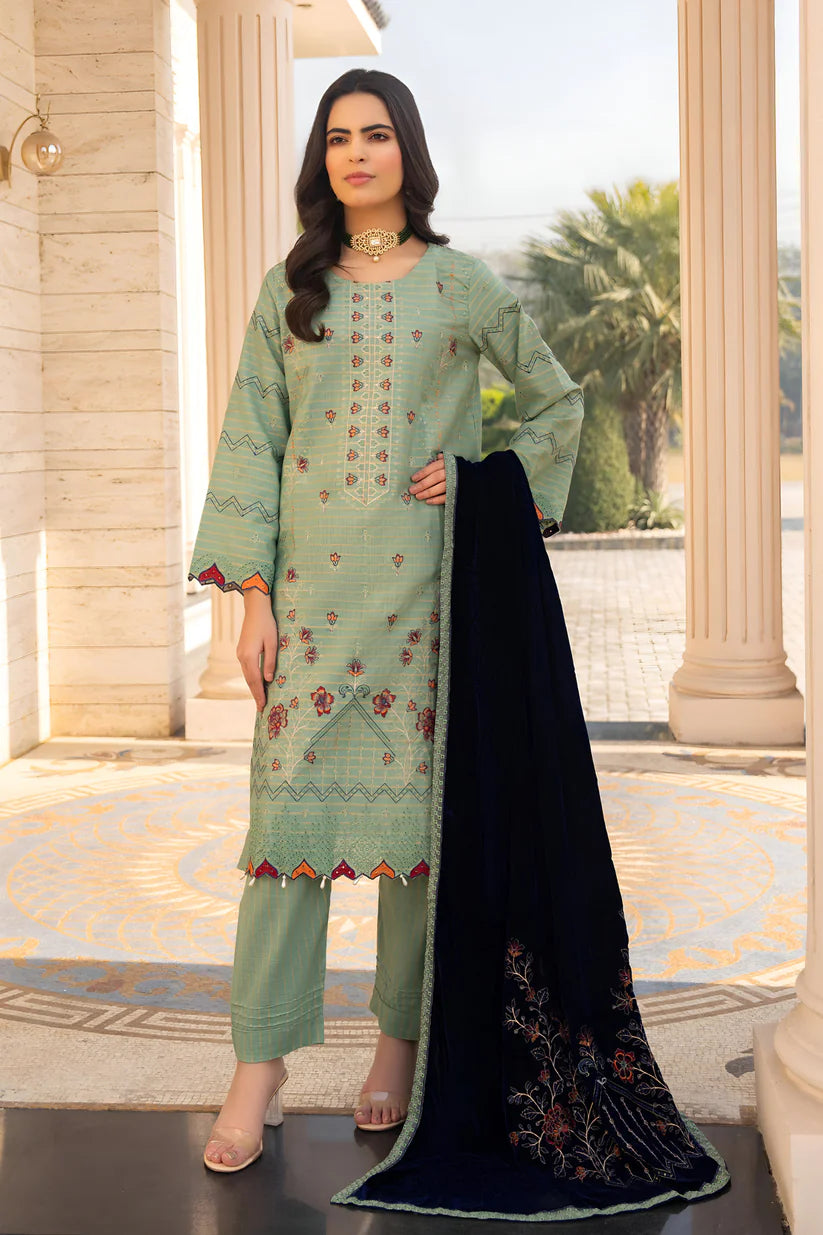 ADORE-3PC KHADDAR EMBROIDERED SHIRT WITH VELVET EMBROIDERED READY TO WEAR SHAWL-1525