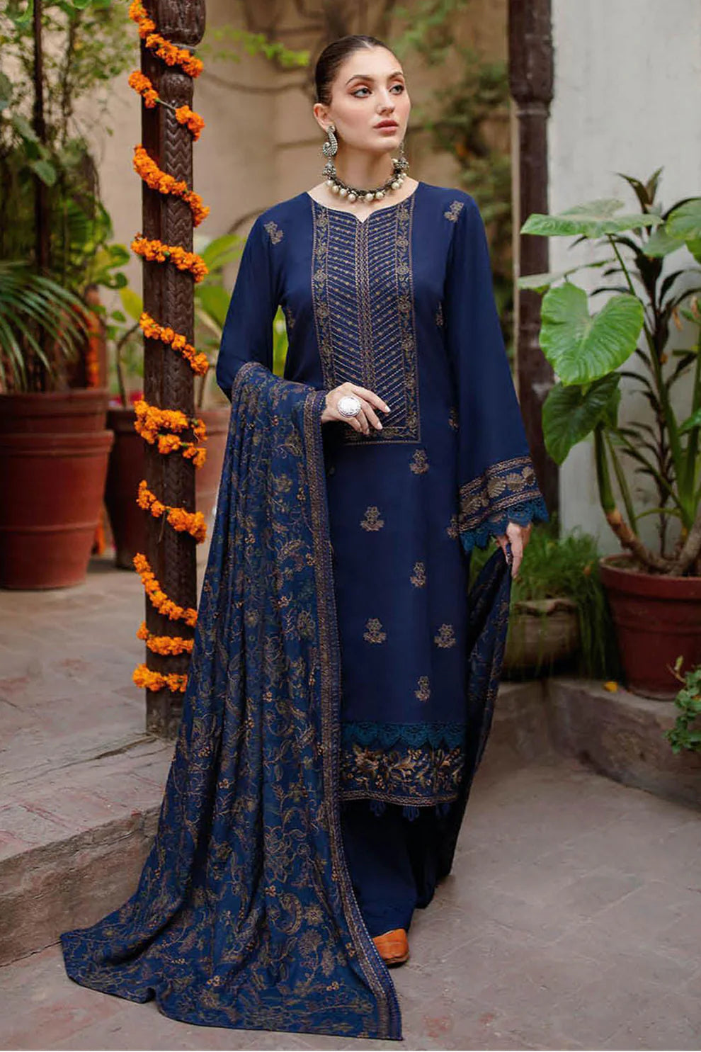 BAREEZE - 3PC DHANAK EMBROIDERED SHIRT WITH DHANAK EMBROIDERED SHAWL AND TROUSER-ADR-3119