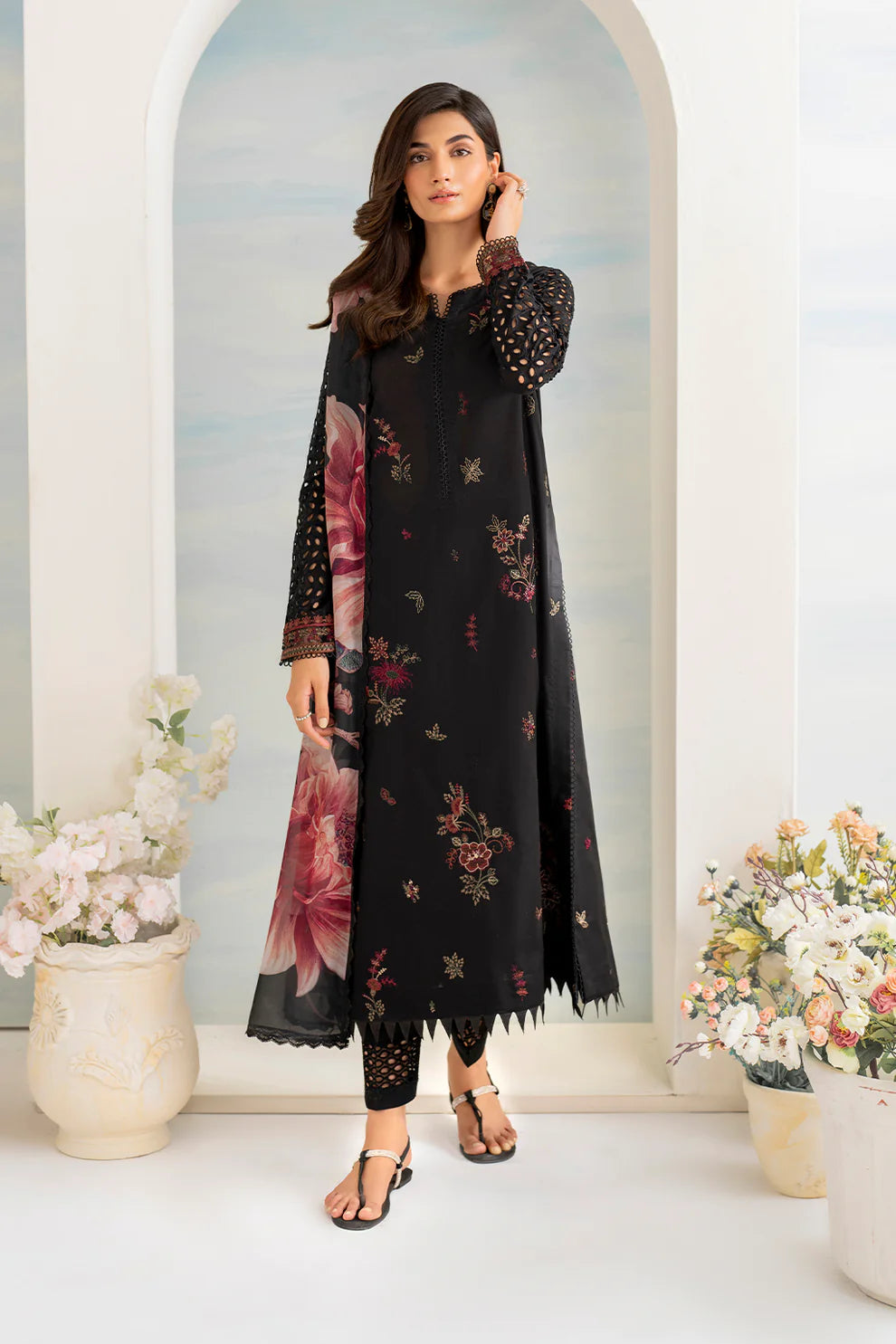 IZNIK- 3PC DHANAK EMBROIDERED SHIRT WITH COUTURE PRINT SHAWL AND EMB TROUSER-ADR-4137